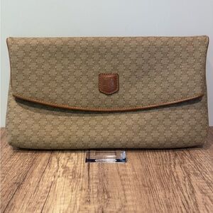 Vintage Céline Macadam Canvas Clutch Bag Brown Leather Trim Made in Italy